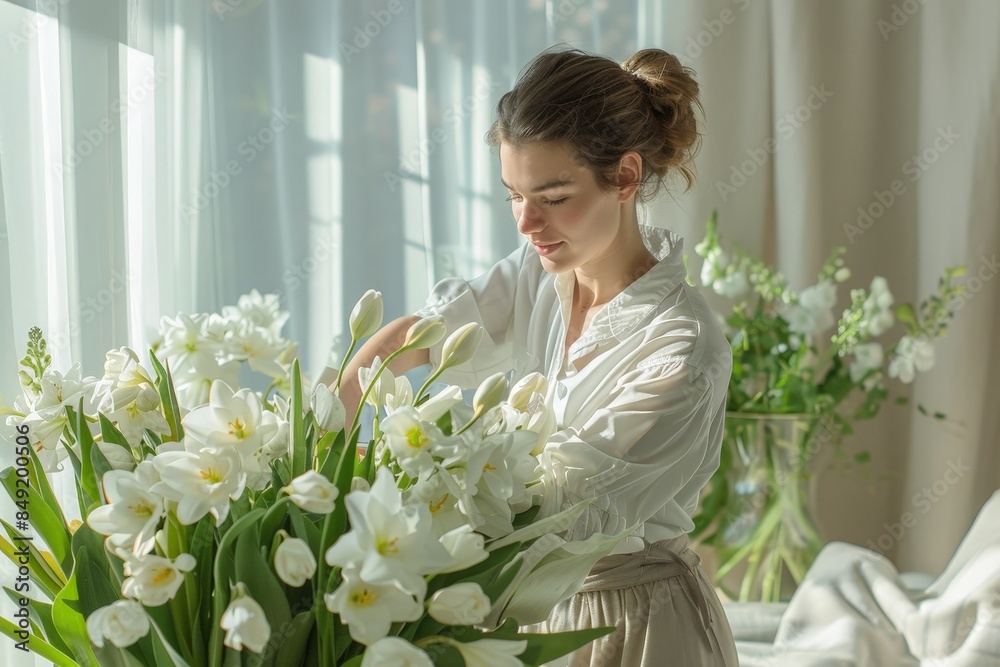 Exquisite Maid Arranging Fresh Flowers in a Serene Minimalist Living Room Exquisite Maid Arranging Fresh Flowers in a Serene Minimalist Living Room