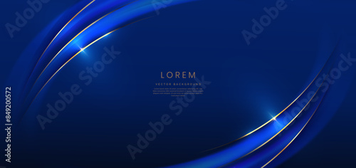 Luxury curve golden lines on dark blue  background with lighting effect copy space for text. Luxury design style.