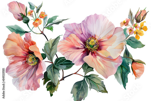 beautifully painted watercolor flowers with lush green leaves, isolated on transparent background