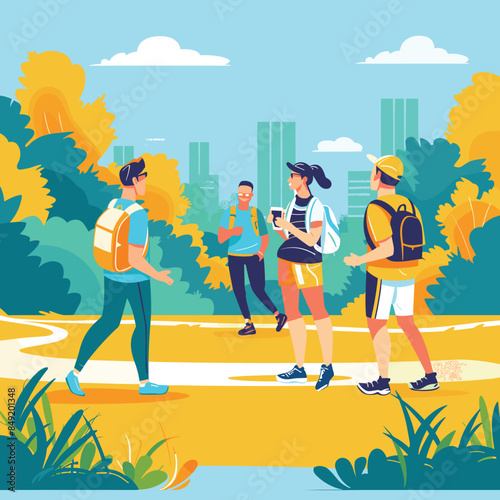 Three young adults enjoying hike nature, two men woman backpacks chatting walking. City skyline visible behind autumn trees vibrant park setting. Group dressed casual hiking gear, exploring outdoors