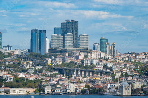 Skyscrapers of istanbul behind the Bosphorous, financial district of Turkey