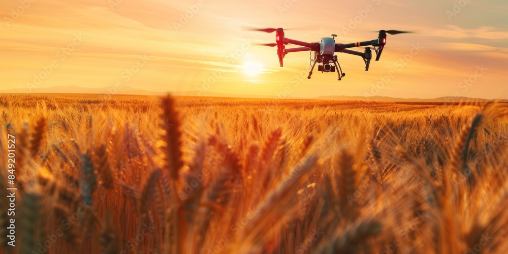 Drone checking and observing wheat rye fields, Smart technologies agriculture Drone checking and observing wheat rye fields, Smart technologies agriculture