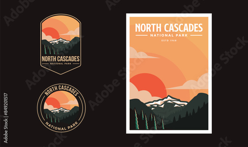 Set of North Cascades National Park graphic illustration badge poster vector