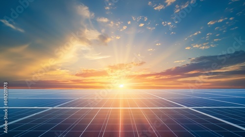 Solar panels with a blue sky background. Solar cells farm on the roof at sunset. Photovoltaic modules for renewable energy, promoting environmental sustainability and combating global warming. Save th