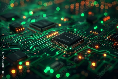 A well-lit close-up of a circuit board with glowing green circuits.