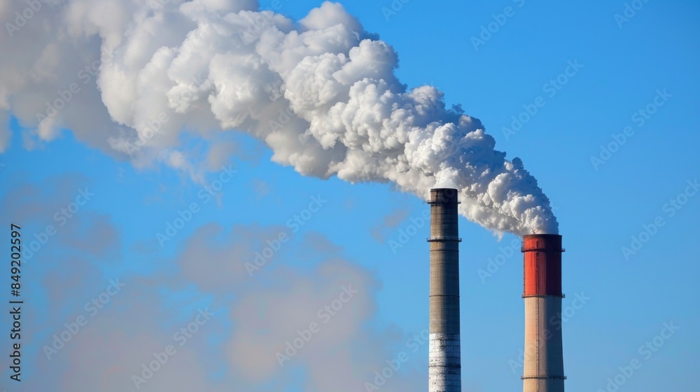 Two tall smokestacks spewing smoke into the sky Two tall smokestacks spewing smoke into the sky