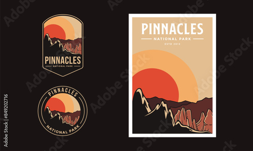 Set of Pinnacles National Park graphic illustration badge poster vector