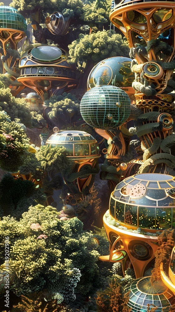 Obraz premium Eco Domes Community with Integrated Renewable Energy Systems in Futuristic Geometric Landscape