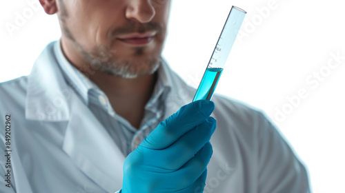 scientist wearing blue safety goggles and a white lab coat while holding up a test tube isolated on white background photo