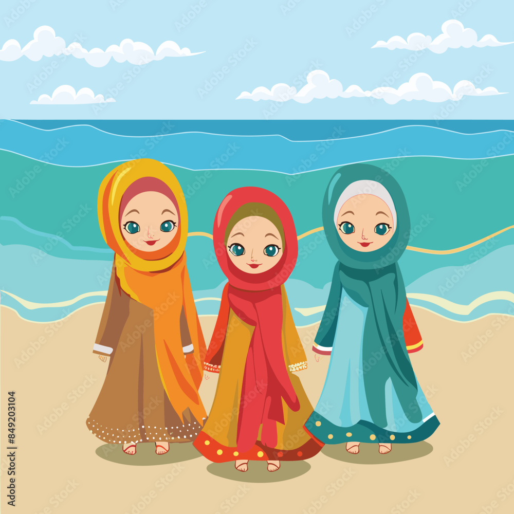 Three young girls wearing colorful hijabs walking together sunny beach