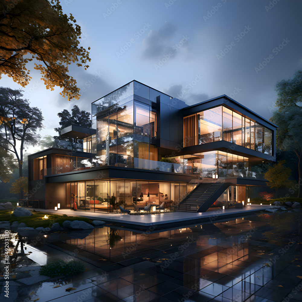 Obraz premium 3d rendering of modern cozy house with parking and pool for sale or rent with wood plank facade and beautiful landscaping on background. Clear summer night with golden sunlight.