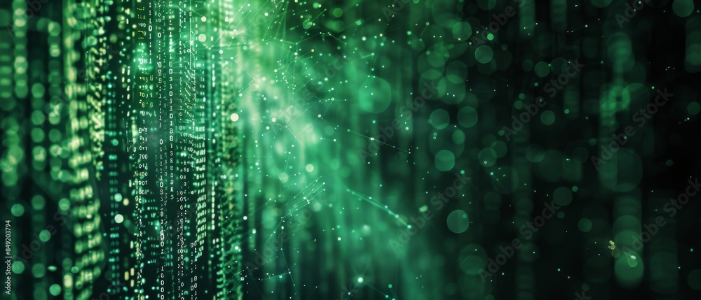 The background is filled with green falling glowing numbers. The background is filled with green falling glowing numbers.