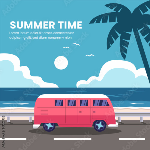 Summer banner design template with the van pass the beach. Vector illustration in Minimalistic style