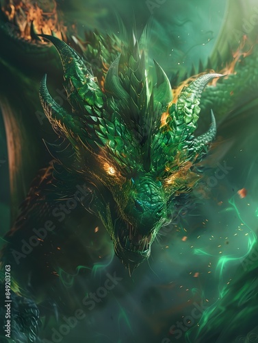 Majestic Emerald Scaled Dragon Breathing Verdant Flames in Dramatic Fantasy Oil Painting