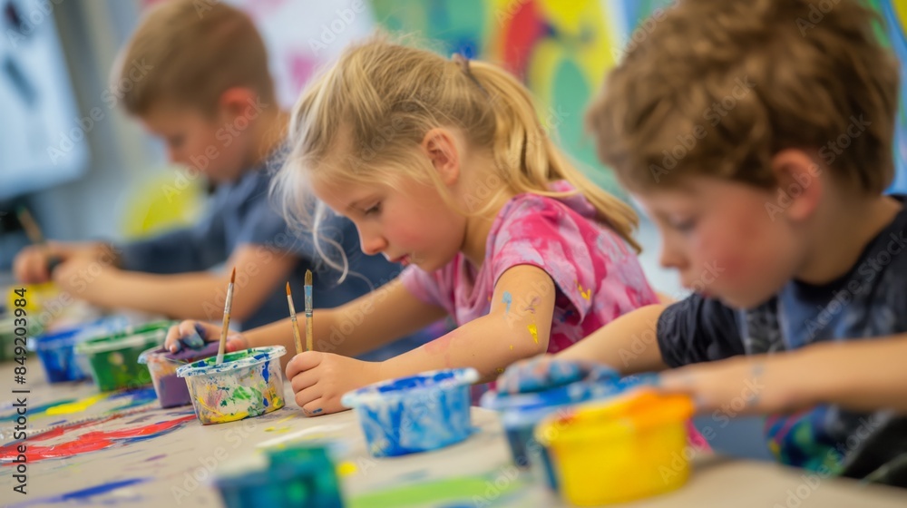 Children enjoying painting time, using brushes and vibrant colors to create artwork, with the help of an adult. Children enjoying painting time, using brushes and vibrant colors to create artwork, with the help of an adult.