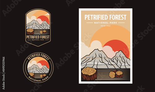 Set of Petrified Forest National Park graphic illustration badge poster vector