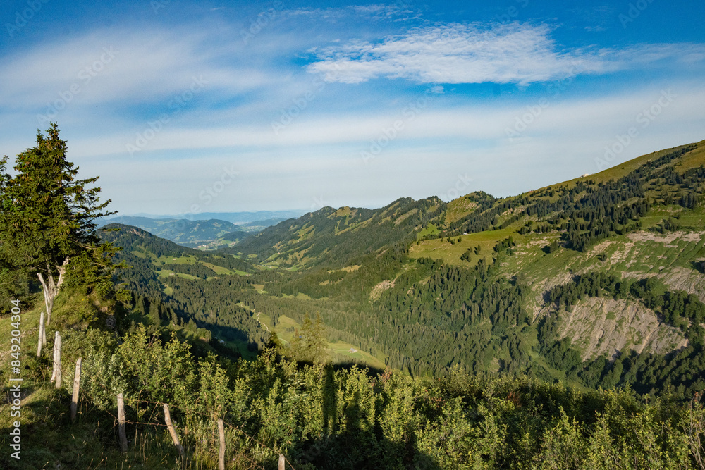 Naklejka premium Prealpine landscape with mountain peaks in Allgäu, south Germany with pine trees
