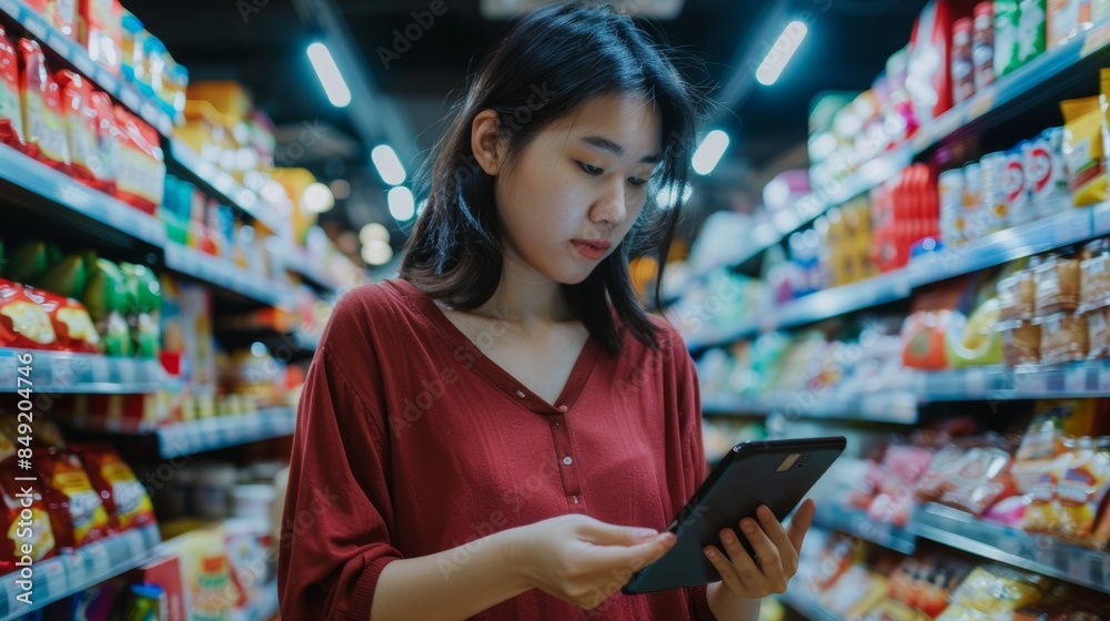A Young Asian supermarket employee checks product quality while holding a digital tablet. Asian Millennial Woman Working in Home Convenience Store use of technology A Young Asian supermarket employee checks product quality while holding a digital tablet. Asian Millennial Woman Working in Home Convenience Store use of technology
