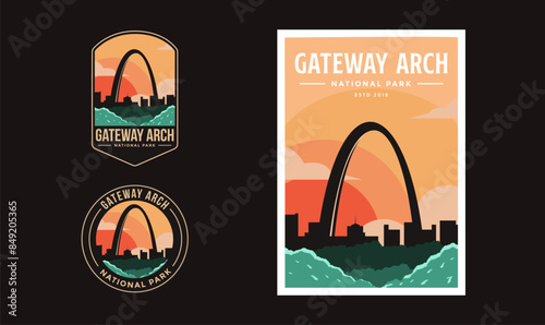 Set of Gateway Arch National Park graphic illustration badge poster vector