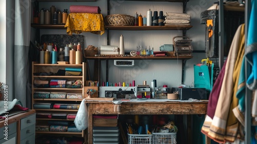 Wallpaper Mural Sewing workspace including shelves with fabrics and tools Torontodigital.ca