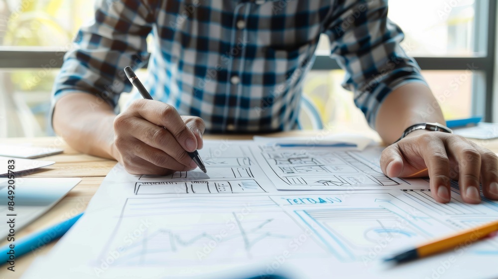 Photo of a young man drawing template for digital marketing related websites. Current trends and trends in UX / UI design. Business people controlling companies remotely, like freelancers.