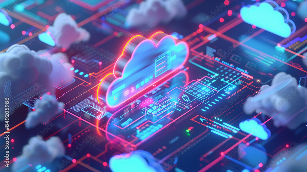Naklejka premium Innovative 3D Illustration of Cloud Computing Platform. This image showcases a vibrant 3D illustration representing a cloud computing platform.