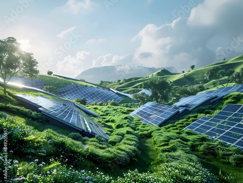 Futuristic Photovoltaic Farm Harnessing Renewable Solar Energy in Verdant Countryside