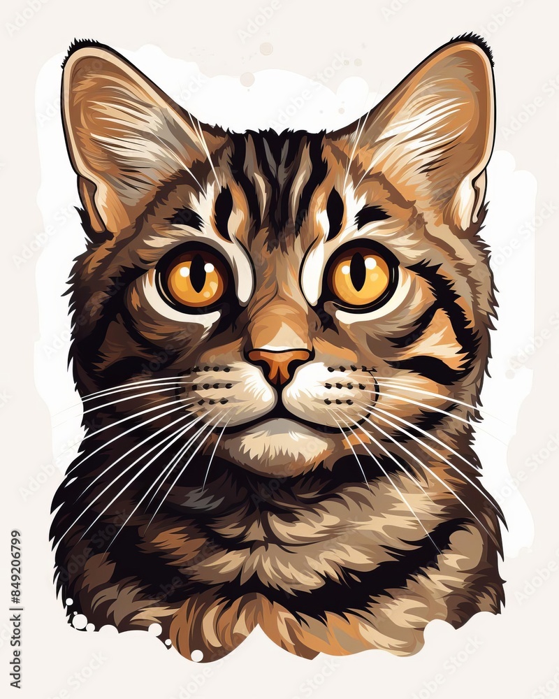 Illustration of a beautiful tabby cat with striking amber eyes and intricate fur patterns, showing a detailed and artistic feline portrait. Illustration of a beautiful tabby cat with striking amber eyes and intricate fur patterns, showing a detailed and artistic feline portrait.