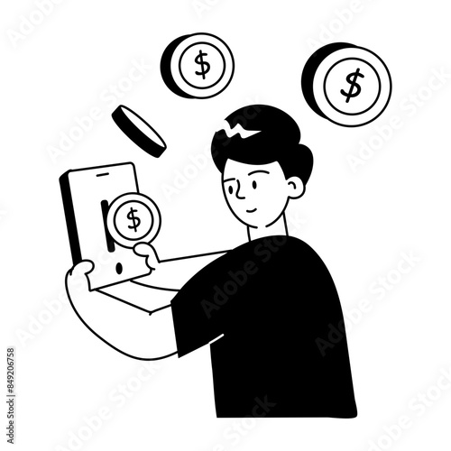 A character based doodle mini illustration of sending payment 