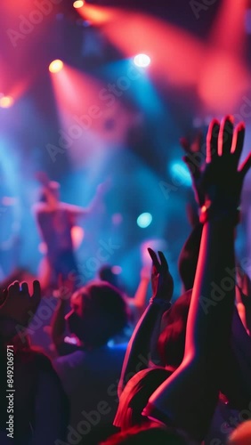 Wallpaper Mural Enthusiastic crowd with raised hands enjoying a dynamic live music concert. Vibrant stage lights and energetic atmosphere create an electric festival experience
 Torontodigital.ca