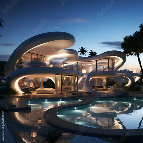3d render of a luxury villa with swimming pool at sunset