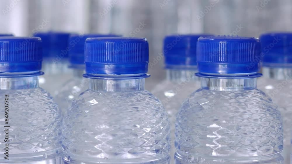 Close-up of many drinking water bottle caps and pure drinking water bottles in a drinking water production plant. Close-up of many drinking water bottle caps and pure drinking water bottles in a drinking water production plant.