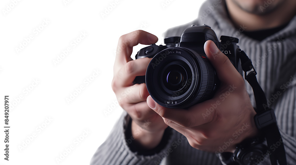 professional photographer holding camera isolated on white background, copy space professional photographer holding camera isolated on white background, copy space