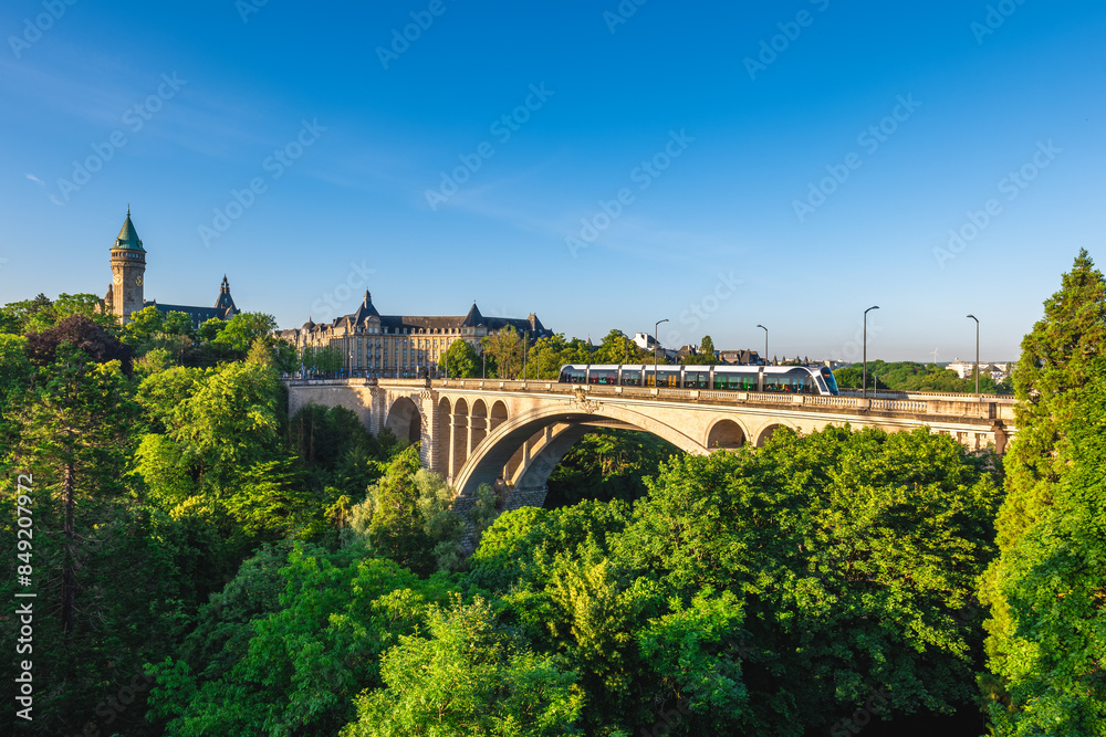 Scenery of Adolphe Bridge and the clock tower in Luxembourg city, Luxembourg
