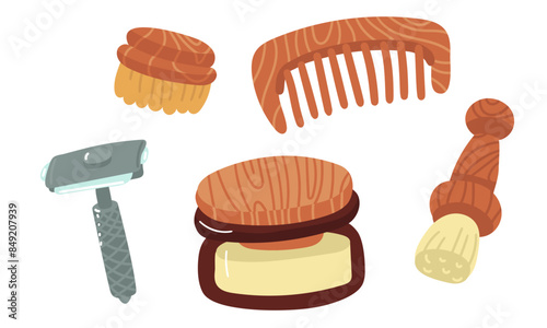 Set of different natural shaving brushes, a steel machine, cream in a glass jar, a wooden comb. Environmentally friendly materials. Self-care items in the style of careful attitude to personal hygiene