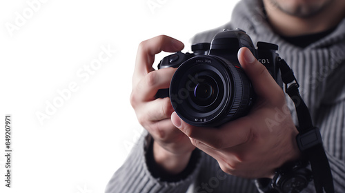 professional photographer holding camera isolated on white background, copy space