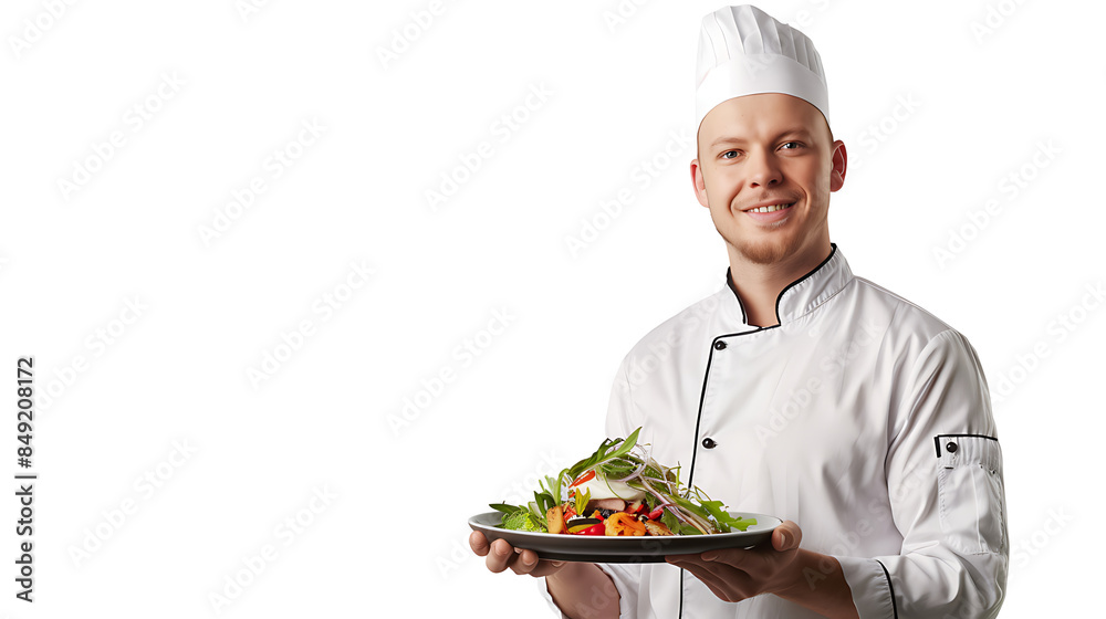 young smiling chef in white uniform holds salad on plate, isolated over white background with copy space