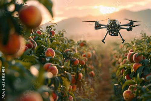 Drone checking and observing peach trees, Smart technologies in agriculture 