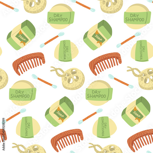 Pattern of environmentally friendly dry conditioner and shampoo, soap, wooden comb, wooden ear sticks, natural loofah sponge. Eco-friendly and natural ingredients. Organic self-care product. Seamless