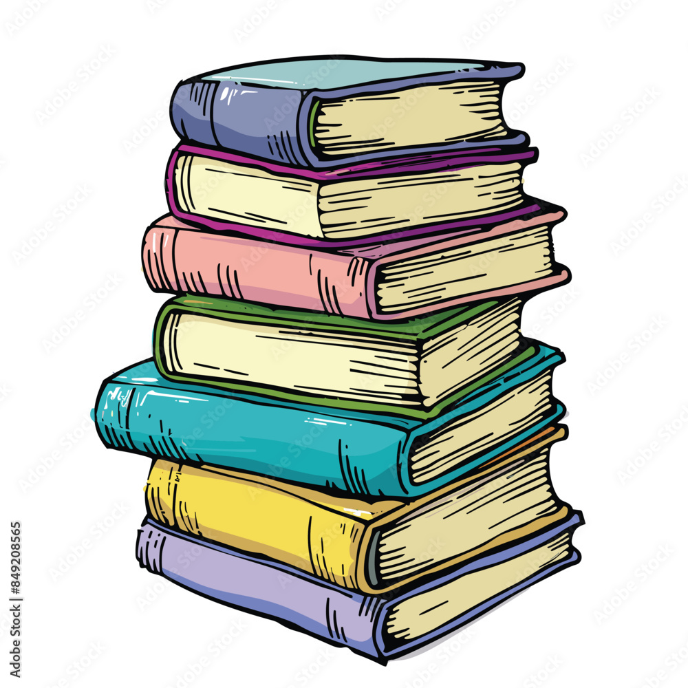 Stack colorful books cartoon style, education reading concept. Piled books various colored covers spines, handdrawn illustration. Vibrant stack library bookstore graphic