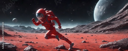 Astronaut in red space suit on martian like planet. Extremely detailed and high resolution illustration photo