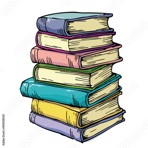 Obraz na płótnie Stack colorful books cartoon style, education reading concept. Piled books various colored covers spines, handdrawn illustration. Vibrant stack library bookstore graphic w salonie