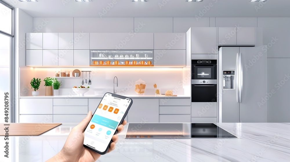 Sleek Smart Kitchen with Voice-Controlled Appliances and Integrated Touchscreens on Smartphone Sleek Smart Kitchen with Voice-Controlled Appliances and Integrated Touchscreens on Smartphone