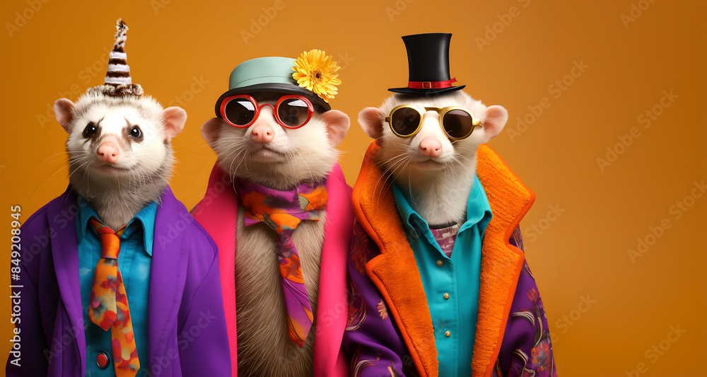 Creative animal concept. Group of ferret in funky Wacky wild mismatch colourful outfits on bright background advertisement, copy space. birthday party invite invitation banner
Creative animal concept. Group of ferret in funky Wacky wild mismatch colourful outfits on bright background advertisement, copy space. birthday party invite invitation banner