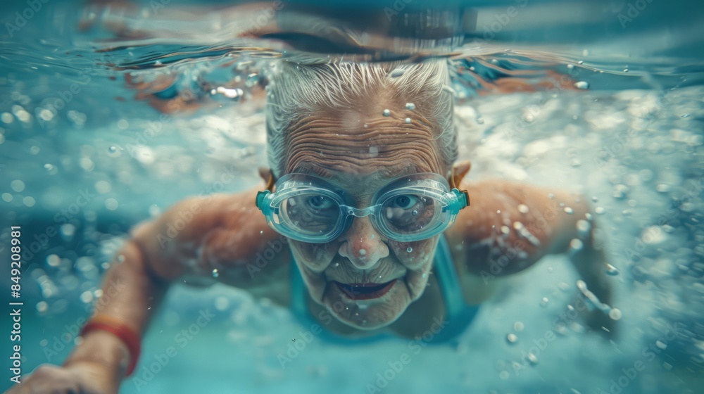 Naklejka premium Old woman swimming, exercising, health concept