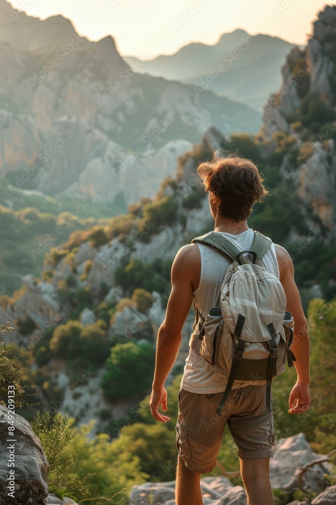 Naklejka premium Adventurous Young Man Hiking in Stylish Activewear with Mountain View in Background