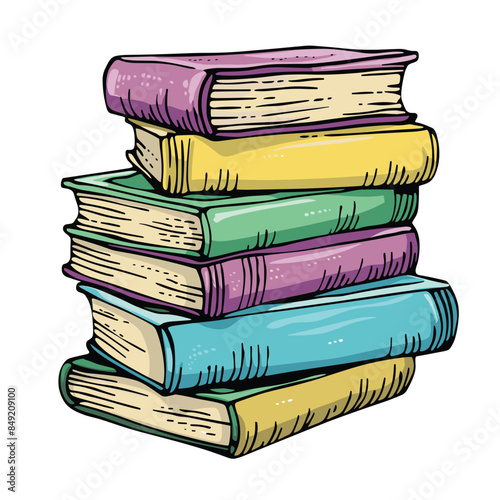 Colorful stacked books cartoon, handdrawn style, isolated white background. Pile purple, yellow, green, blue hardcover books, education graphic