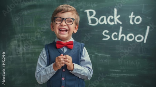 The cheerful schoolboy in classroom