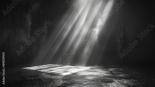 Sunlight streams through a window in a dark, dusty room, creating rays of light and shadow in a dramatic black and white photograph.