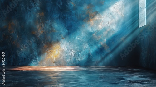 Abstract blue textured wall with a dramatic light beam. Captivating and mysterious atmosphere with artistic elements in a spacious room. © ZethX